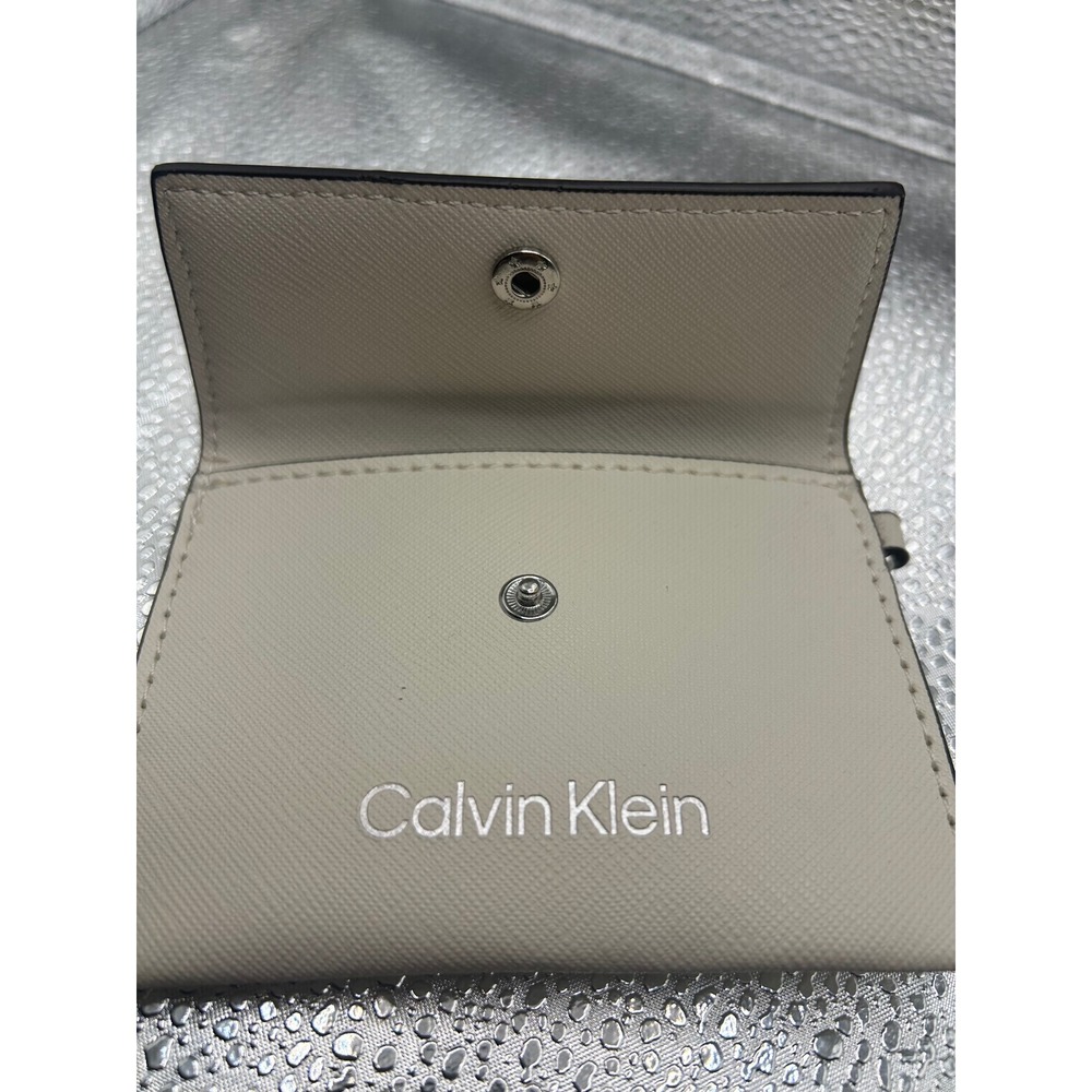 Calvin Klein Cream Saffiano Card Holder Wallet with Key Clip Logo Snap Flap